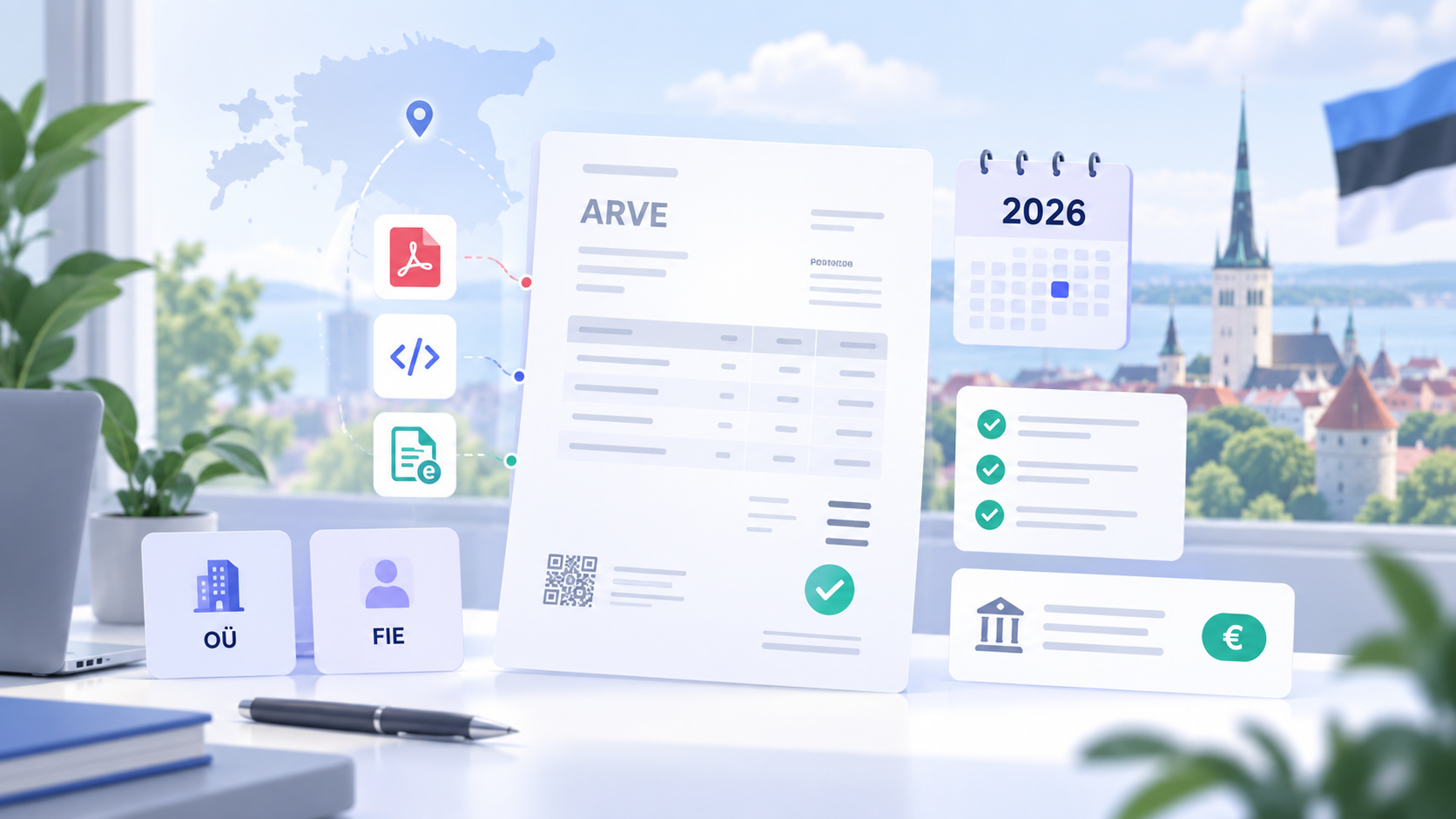 Arve Eestis 2026 illustratsioon: arve, PDF/XML/e-arve vormid ning OÜ ja FIE viited Tallinna vaatega