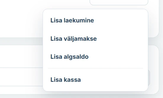 Arveteha kassa toimingute menüü