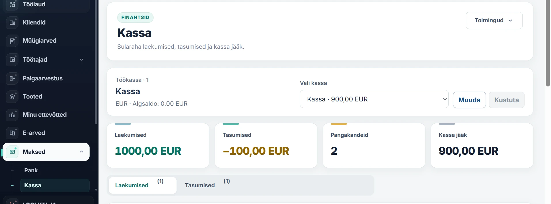 Arveteha kassa vaade laekumiste, tasumiste ja kassajäägiga