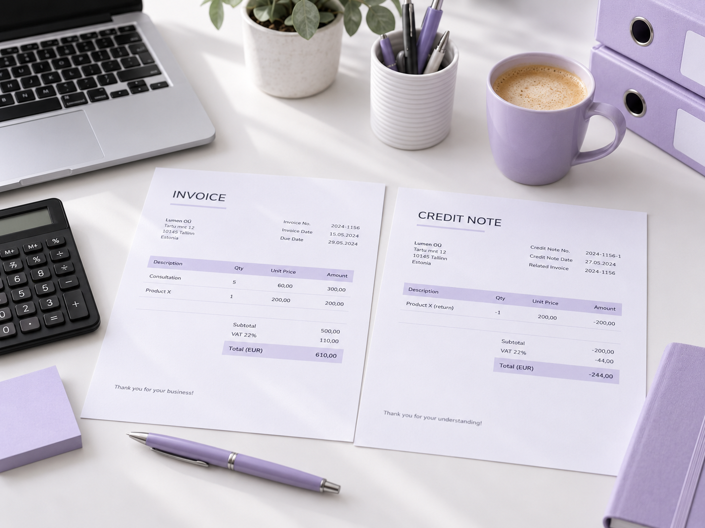 Original invoice and related credit note placed side by side on a desk