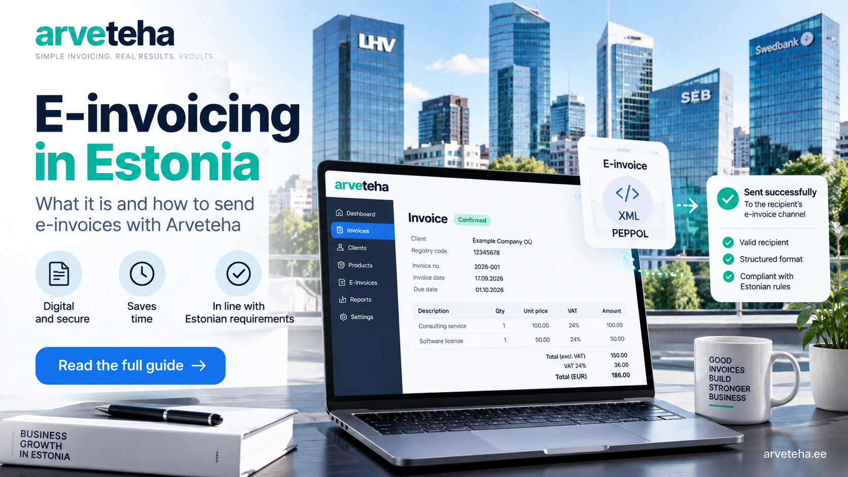 E-invoicing in Estonia with Arveteha, showing a structured e-invoice sent to a recipient system