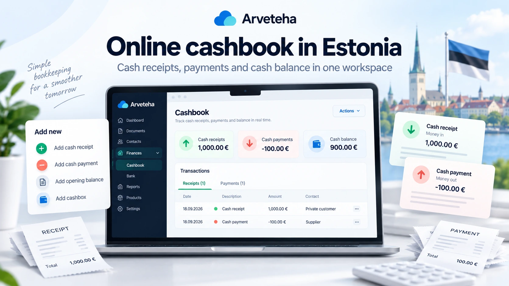 Online cashbook in Estonia with cash receipts, payments and cash balance