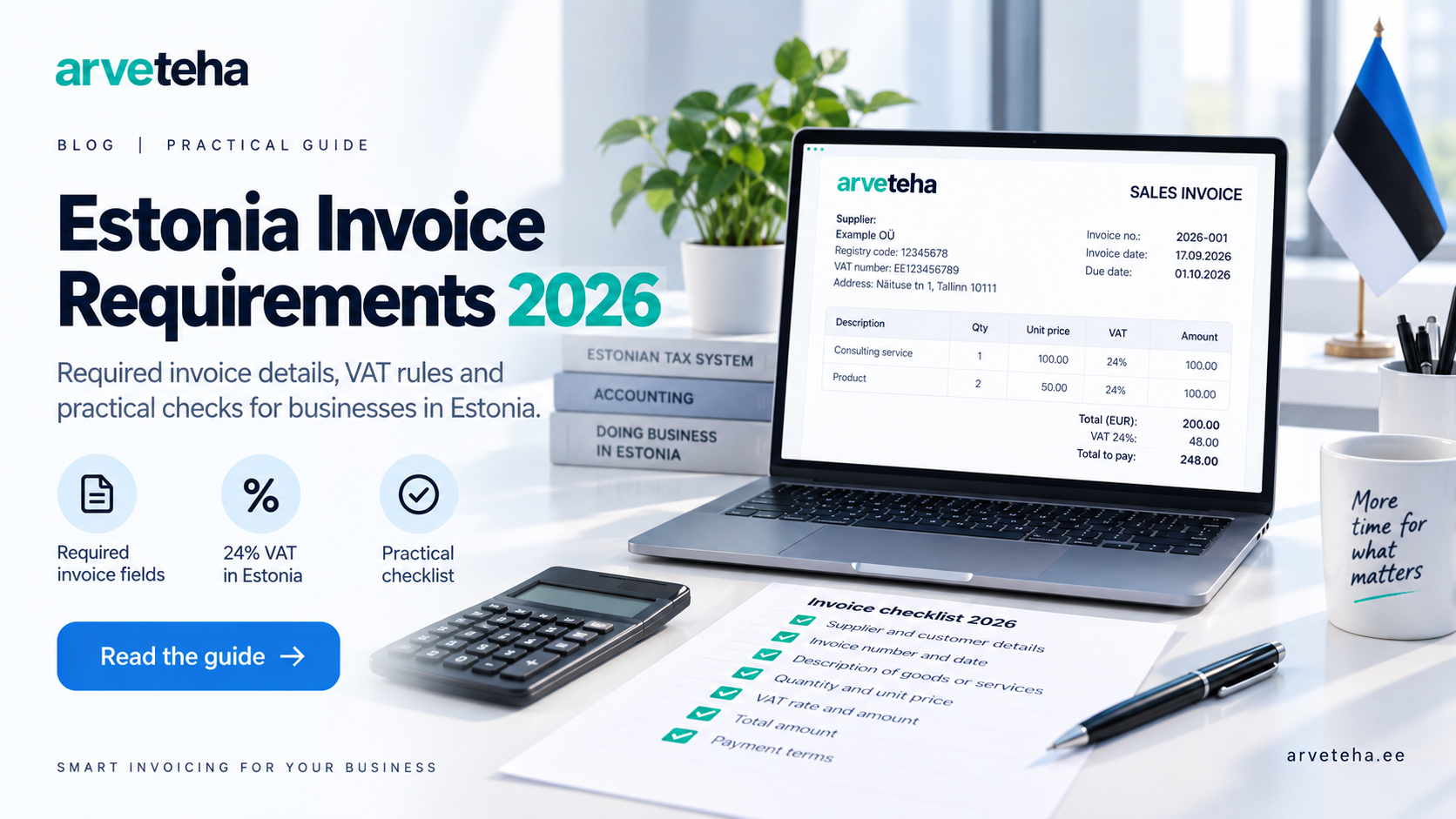 Estonia Invoice Requirements 2026 guide with a VAT invoice checklist and 24 percent VAT