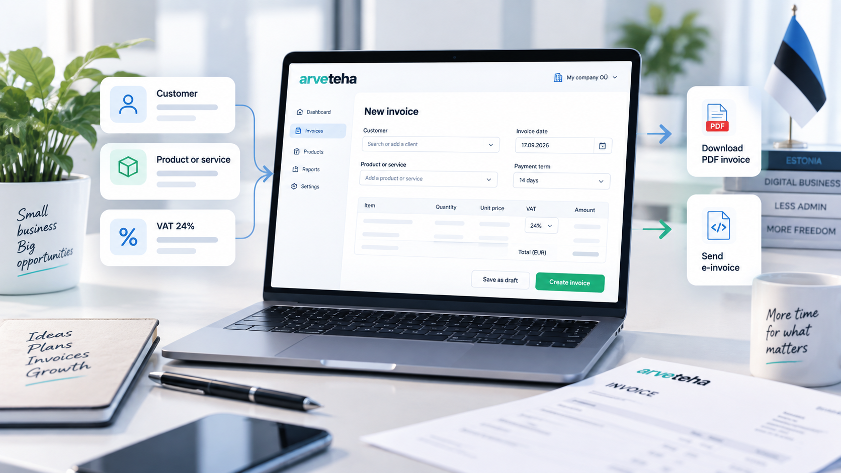 Invoice generator for businesses in Estonia shown in the Arveteha online invoicing workflow